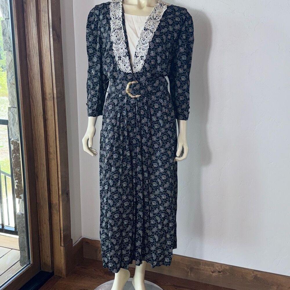 Vintage Black Floral Granny Dress Lace V Neck Layered Secretary Dress Size 14